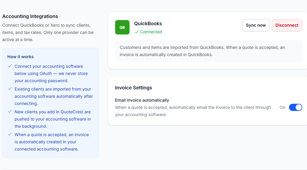 QuoteCrest accounting sync dashboard showing QuickBooks and Xero integration